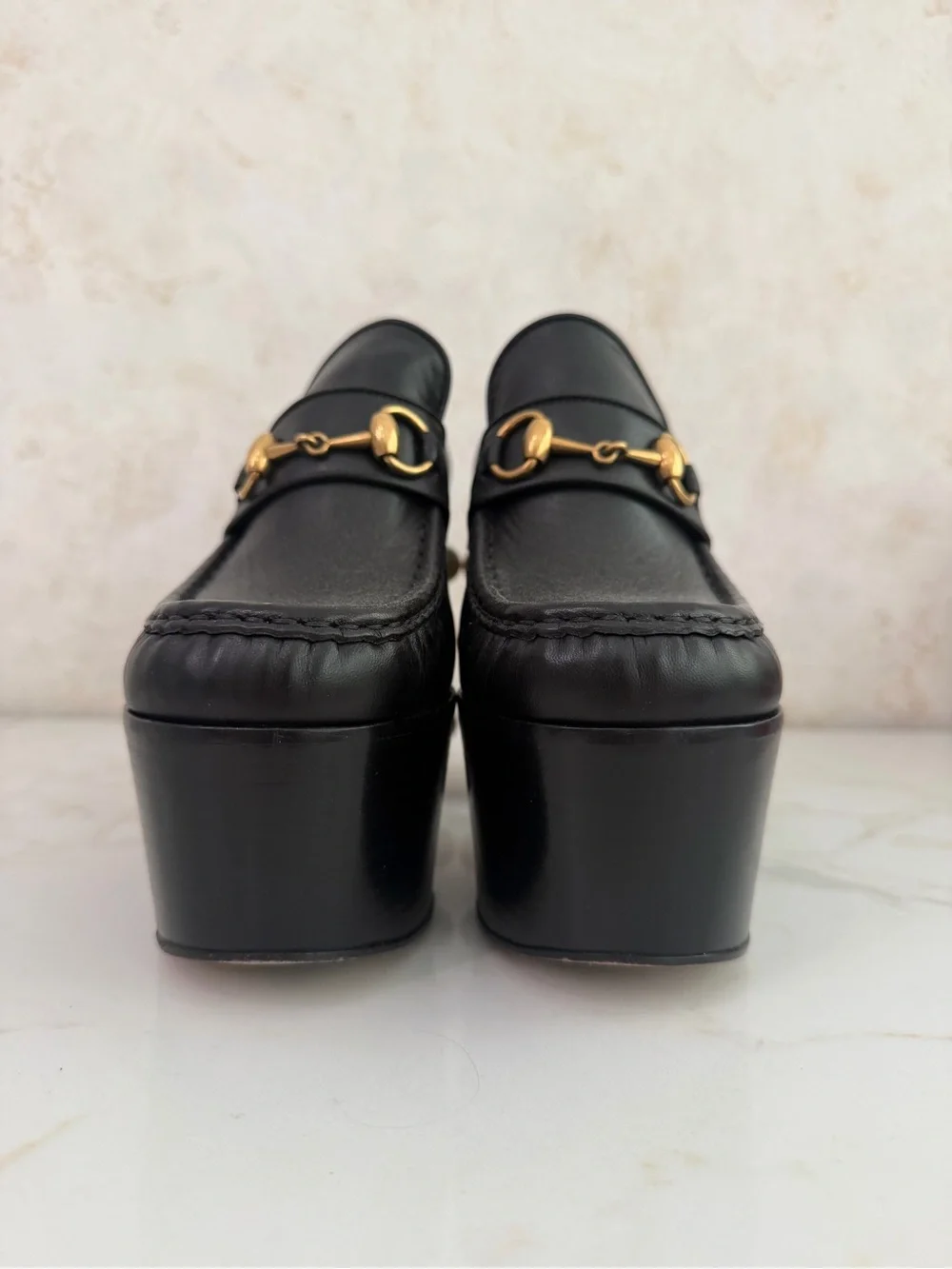 Gucci Black Leather Platform Loafers with Gold Hardware and Pearl Heel Size 38